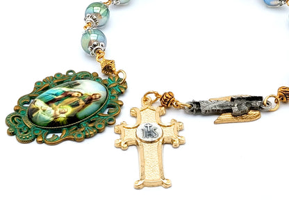 Holy Family unique rosary beads single decade rosary with green glass beads, gold plated cross and verdigris picture centre medal.