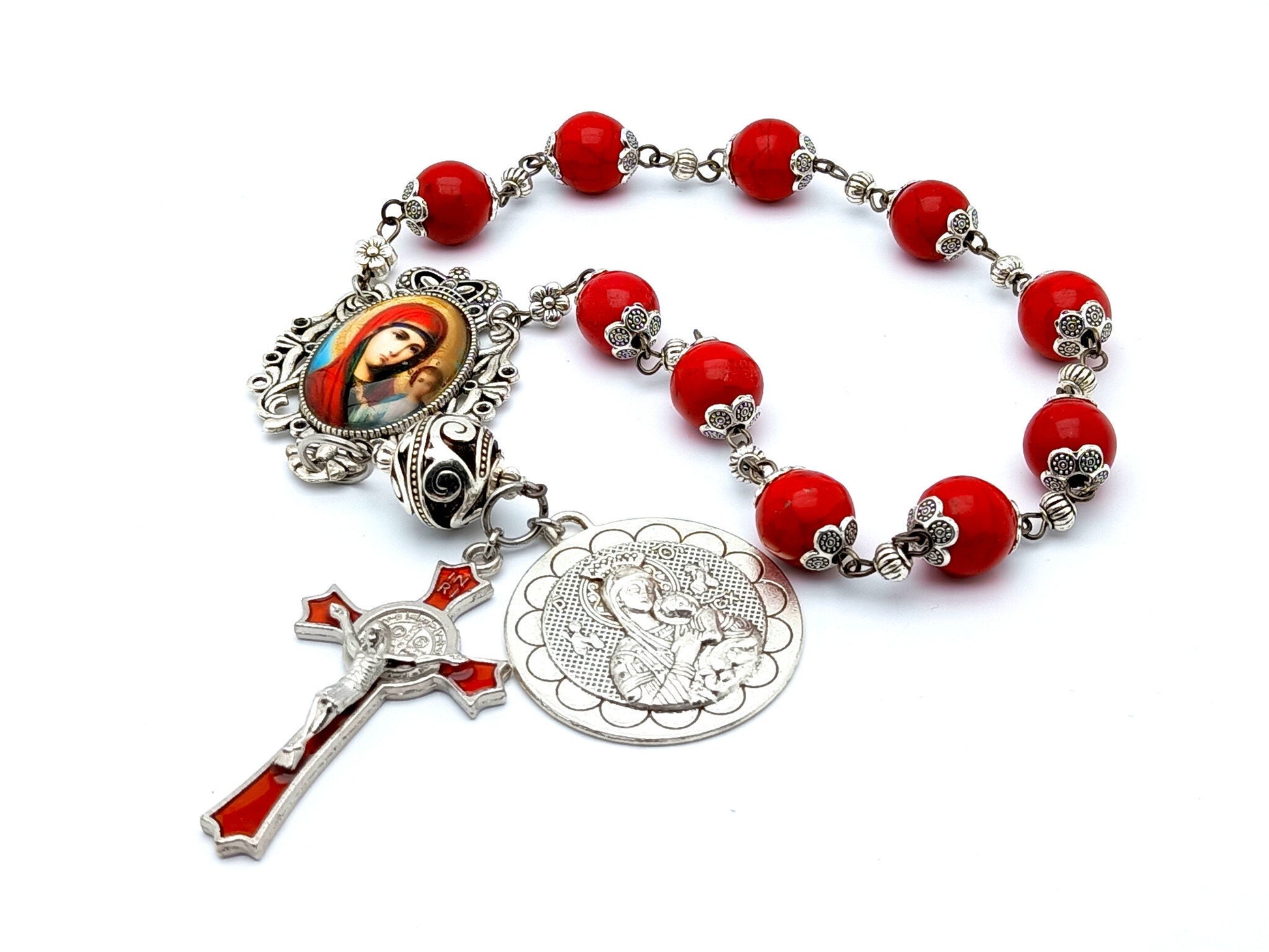 Our Lady of Perpetual Succor unique rosary beads single decade rosary with red gemstone beads, red enamel crucifix and picture centre medal.