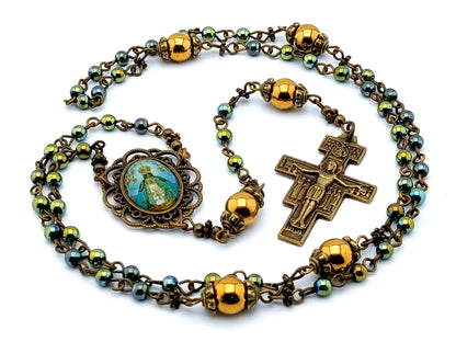 Our Lady of Charity unique rosary beads with blue gree and gold gemstone beads, bronze Saint Francis of Assisi crucifix and picture centre medal.