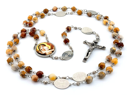 Our Lady of Laus unique rosary beads with natural faceted gemstone and stainless steel etched beads, stainless steel crucifix and picture centre medal.