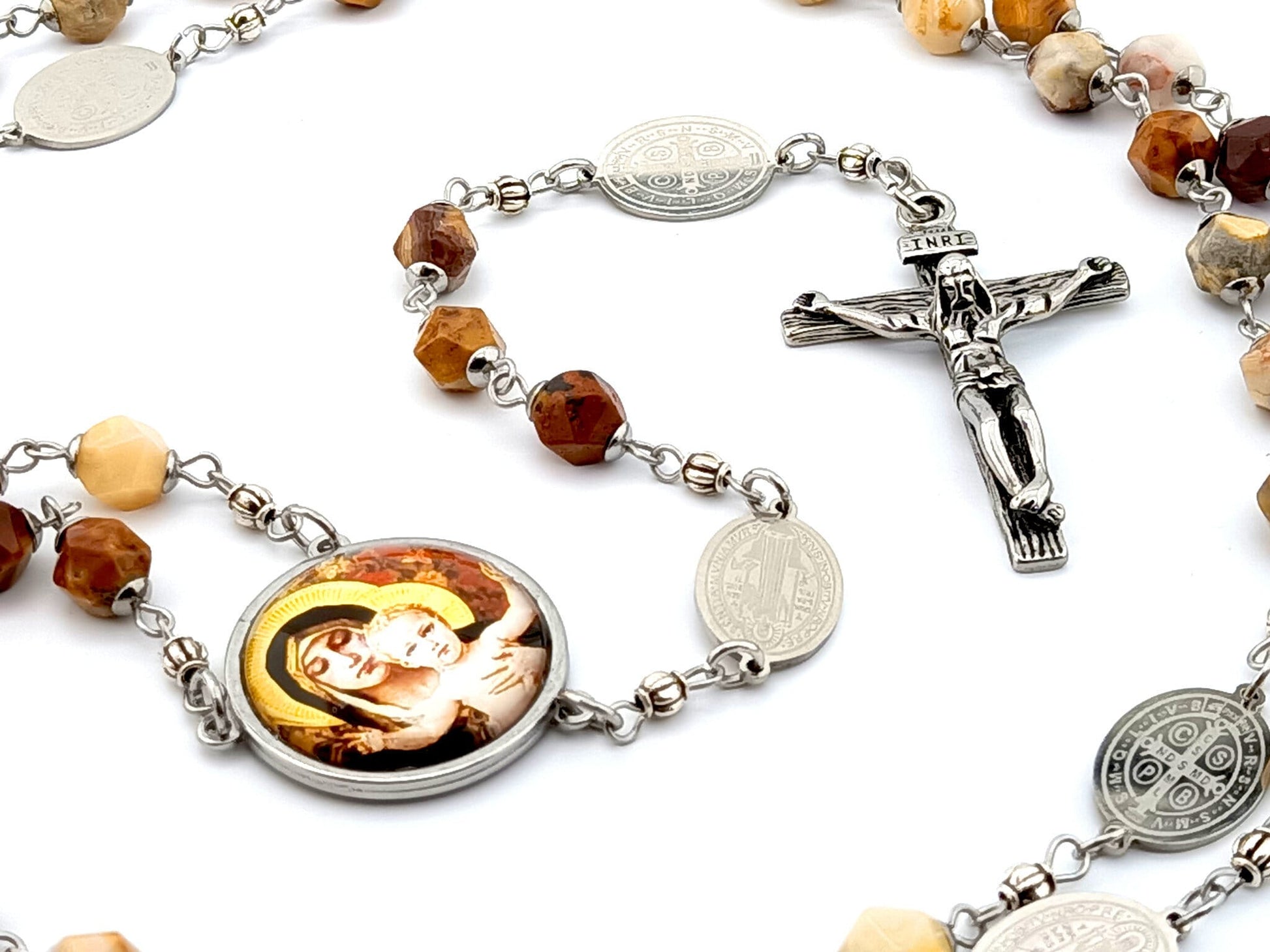 Our Lady of Laus unique rosary beads with natural faceted gemstone and stainless steel etched beads, stainless steel crucifix and picture centre medal.
