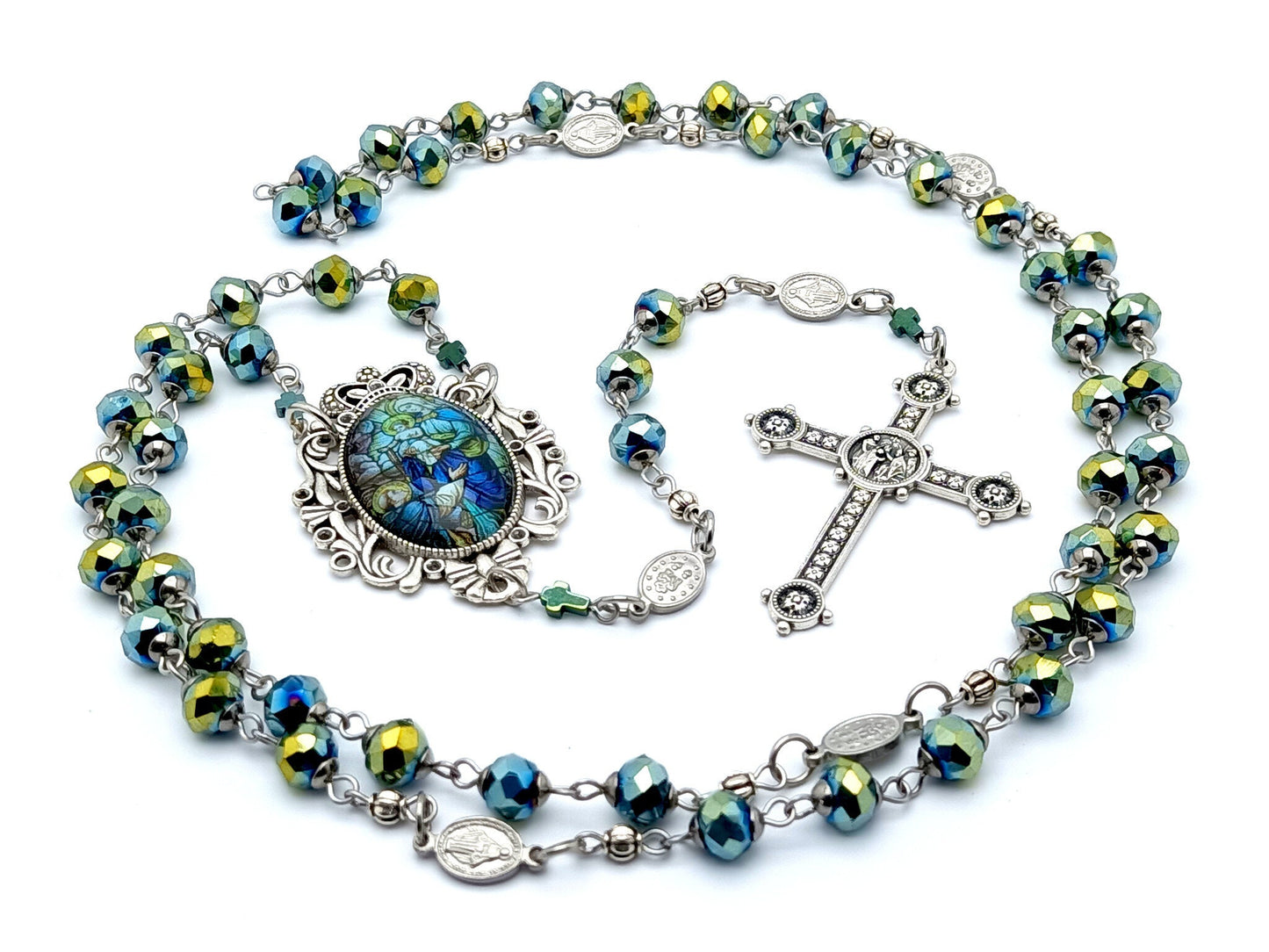Our Lady of Mount Carmel unique rosary beads with blue green glass and stainless steel Miraculous Medal beads, silver Papal crucifix and picture centre medal.