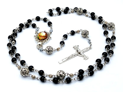 The Lasst Supper unique rosary beads with onyx gemstone and silver beads, silver crucifix and picture centre medal.