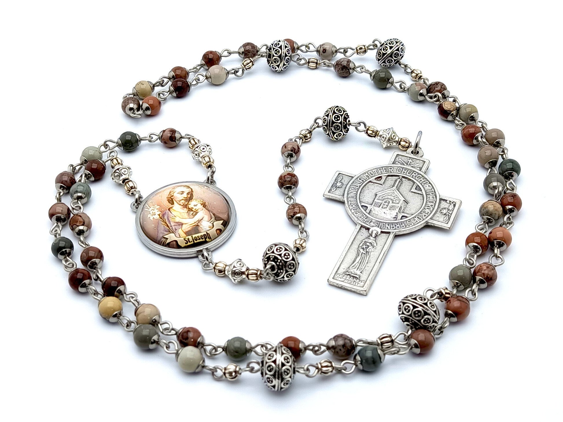 Saint Joseph unique rosary beads with jasper gemstone and silver beads, Portiuncula Assisi cross and picture centre medal.