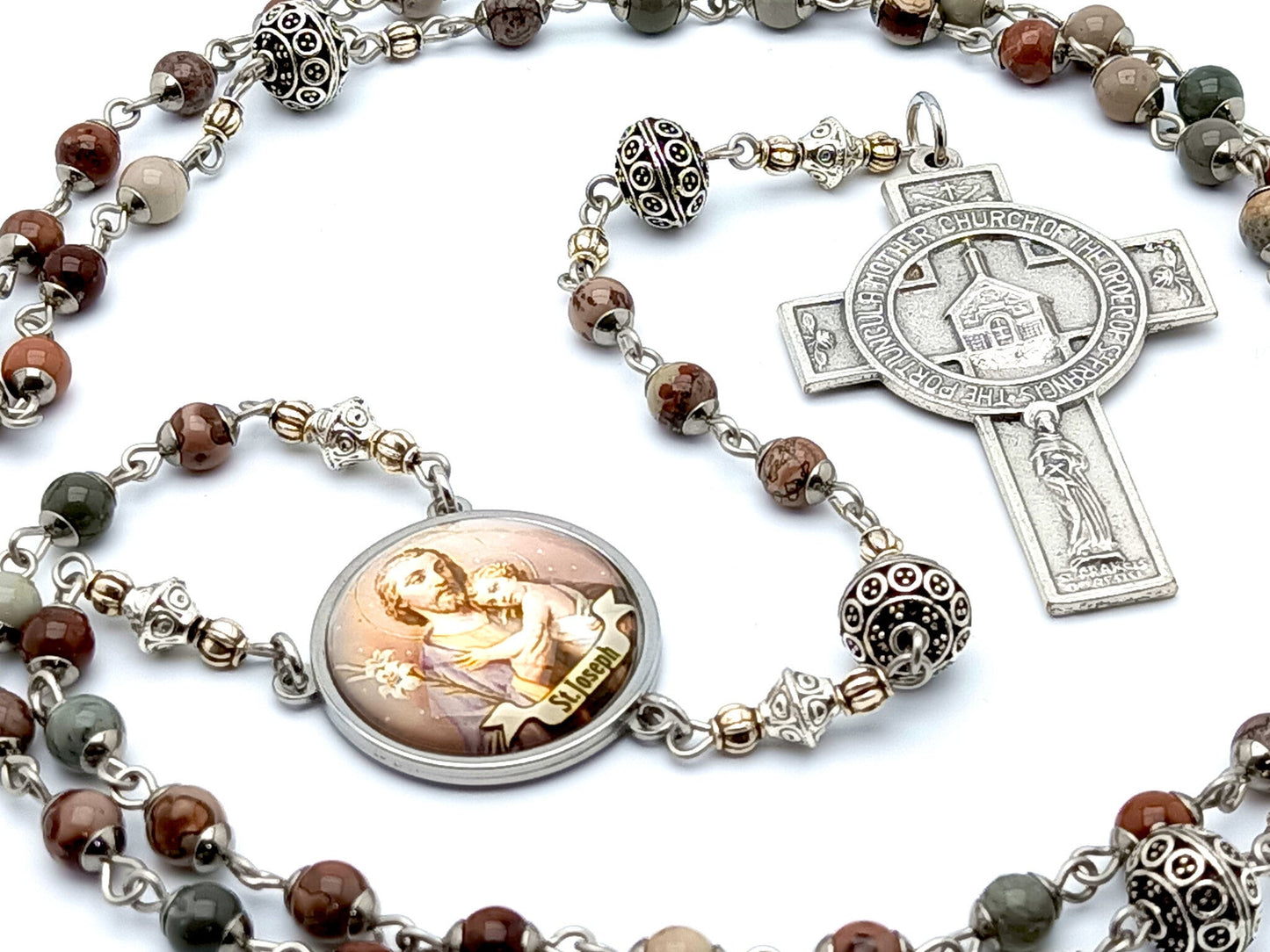 Saint Joseph unique rosary beads with jasper gemstone and silver beads, Portiuncula Assisi cross and picture centre medal.