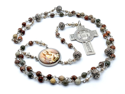 Saint Joseph unique rosary beads with jasper gemstone and silver beads, Portiuncula Assisi cross and picture centre medal.