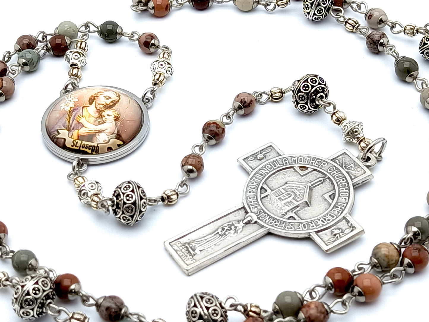 Saint Joseph unique rosary beads with jasper gemstone and silver beads, Portiuncula Assisi cross and picture centre medal.