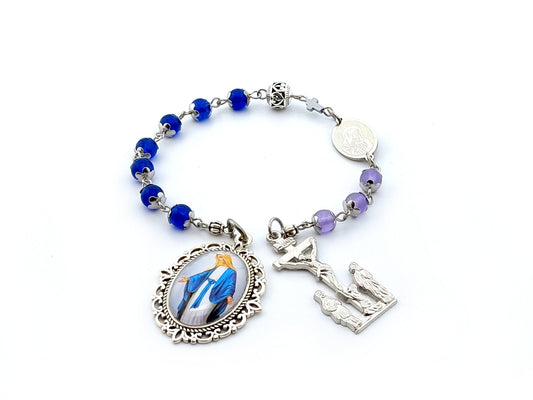 Our Lady of Sorrows unique rosary beads servite dolor rosary with sapphire gemstone beads, stainless steel etched medal and silver crucifix and picture centre medal.