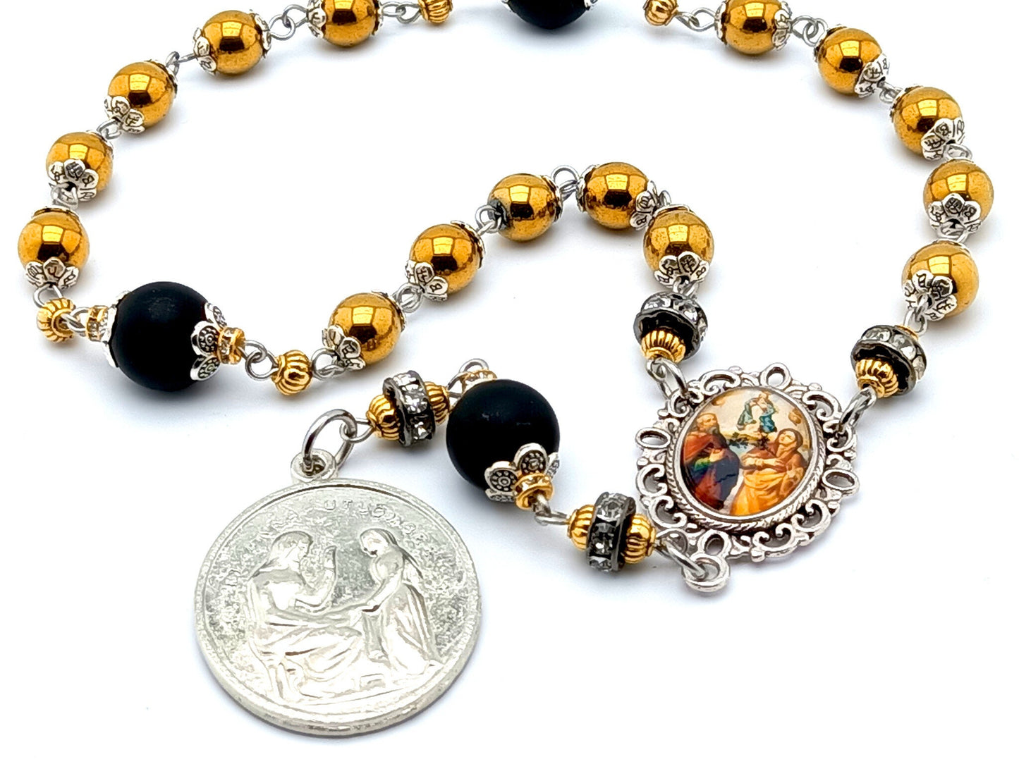 Saint Ann unique rosary beads prayer chaplet with gold hematite and onyx gemstone beads, silver picture centre medal and end medal.