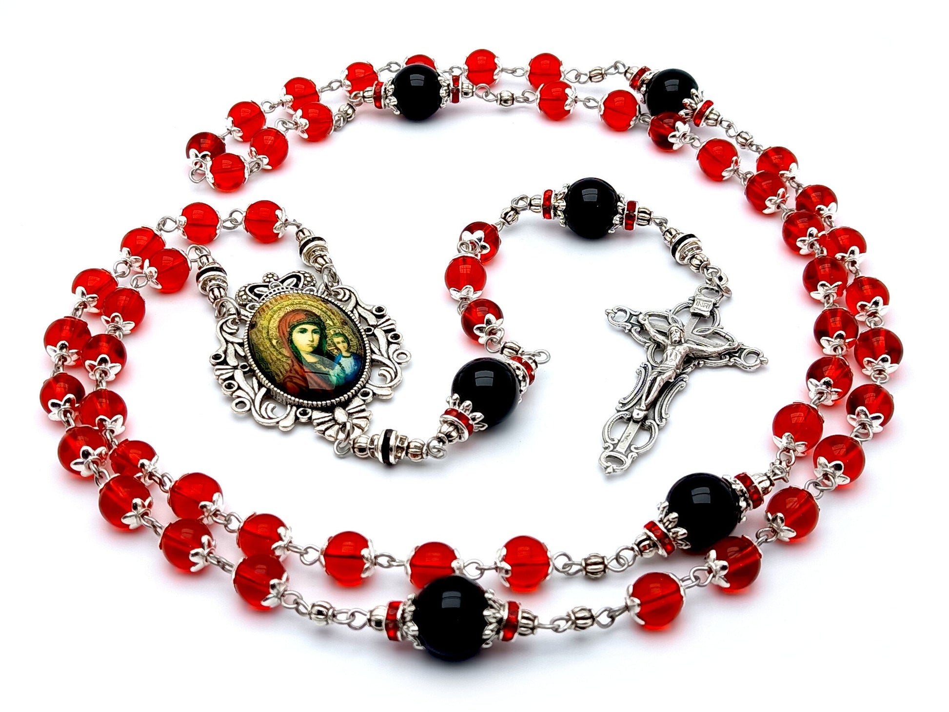 Our Lady of Perpetual Help unique rosary beads with red glass and onyx gemstone beads, silver filigree crucifix and picture centre medal.