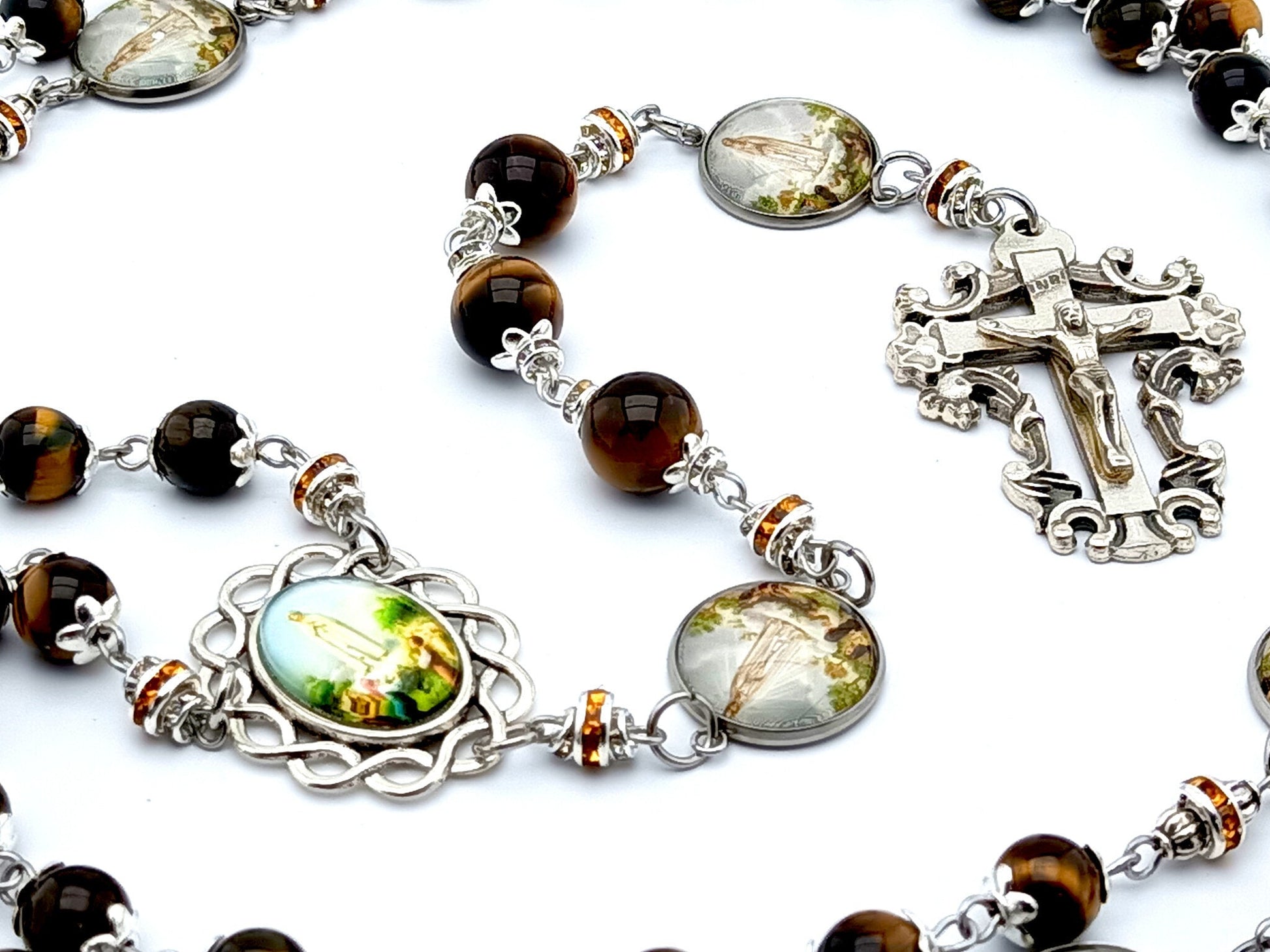 Our Lady of Fatima uniaue rosary beads with tigers eye gemstone and picture beads, filigree crucifix and picture centre medal.