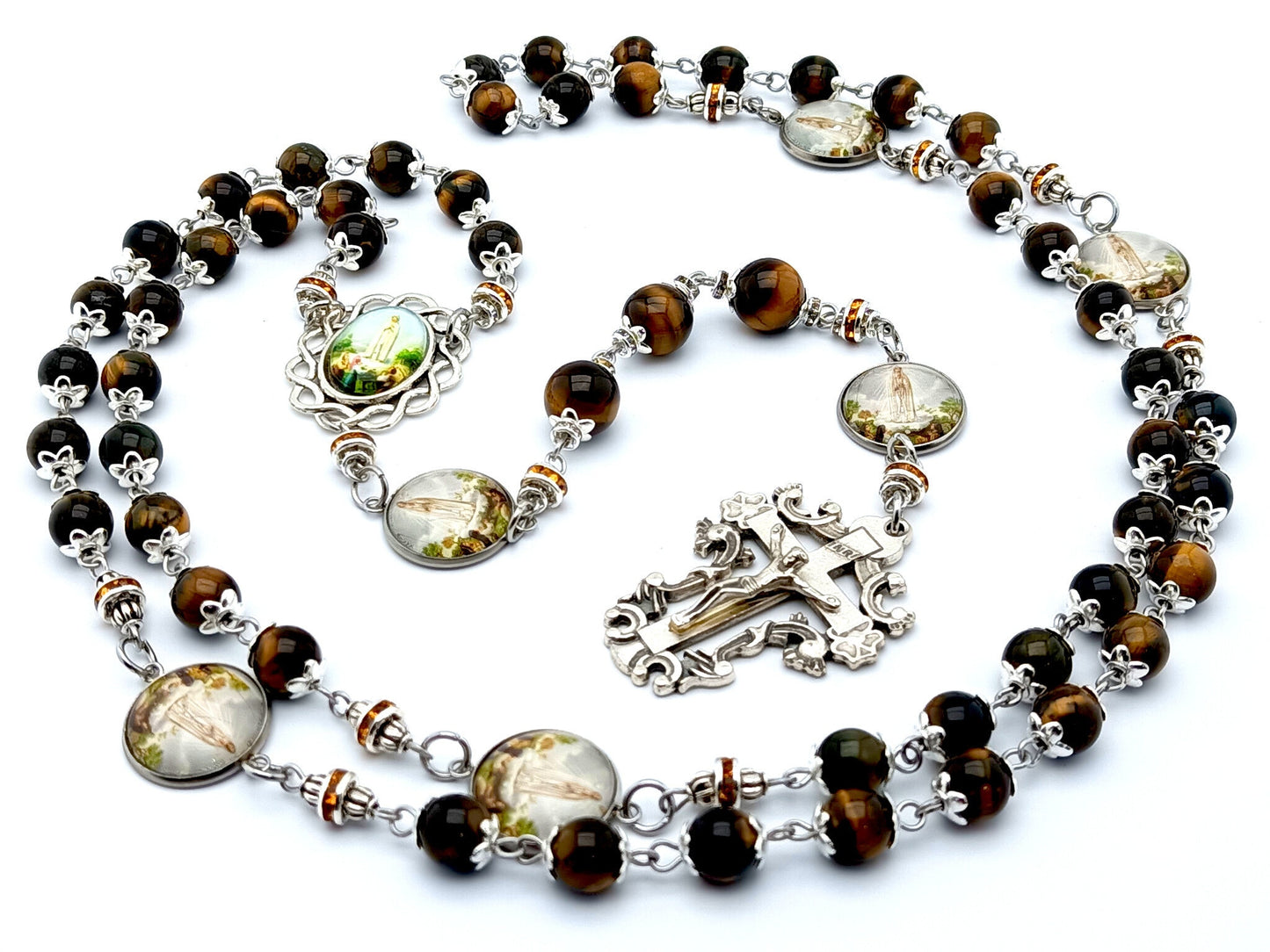 Our Lady of Fatima uniaue rosary beads with tigers eye gemstone and picture beads, filigree crucifix and picture centre medal.