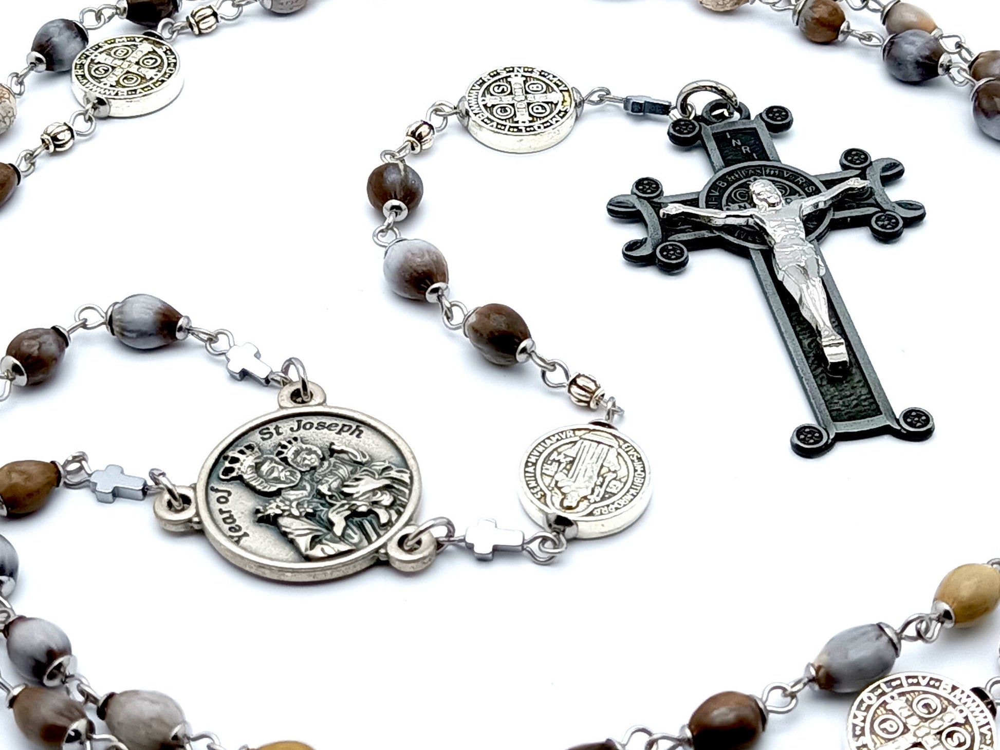 Saint Joseph unique rosary beads with jobs tears and stainless steel Saint Benedict medal beads, large black Saint Benedict crucifix and centre medal.