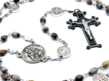Saint Joseph unique rosary beads with jobs tears and stainless steel Saint Benedict medal beads, large black Saint Benedict crucifix and centre medal.