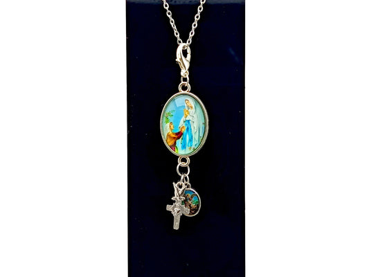 Our Lady of Lourdes unique rosary beads key fob purse clip with Saint Bernadette, Saint Michael and Scared Heart medals and lobster clasp.