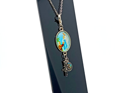 Our Lady of Lourdes unique rosary beads key fob purse clip with Saint Bernadette, Saint Michael and Scared Heart medals and lobster clasp.