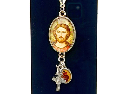 Christ Pantocrator unique rosary beads key fob purse clip with Sacred Heart and cross medals and Holy Spirit cross.