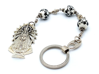 Three Hail Mary unique rosary beads prayer chaplet with floral porcelain beads, Our Lady of Juan medal and finger ring.