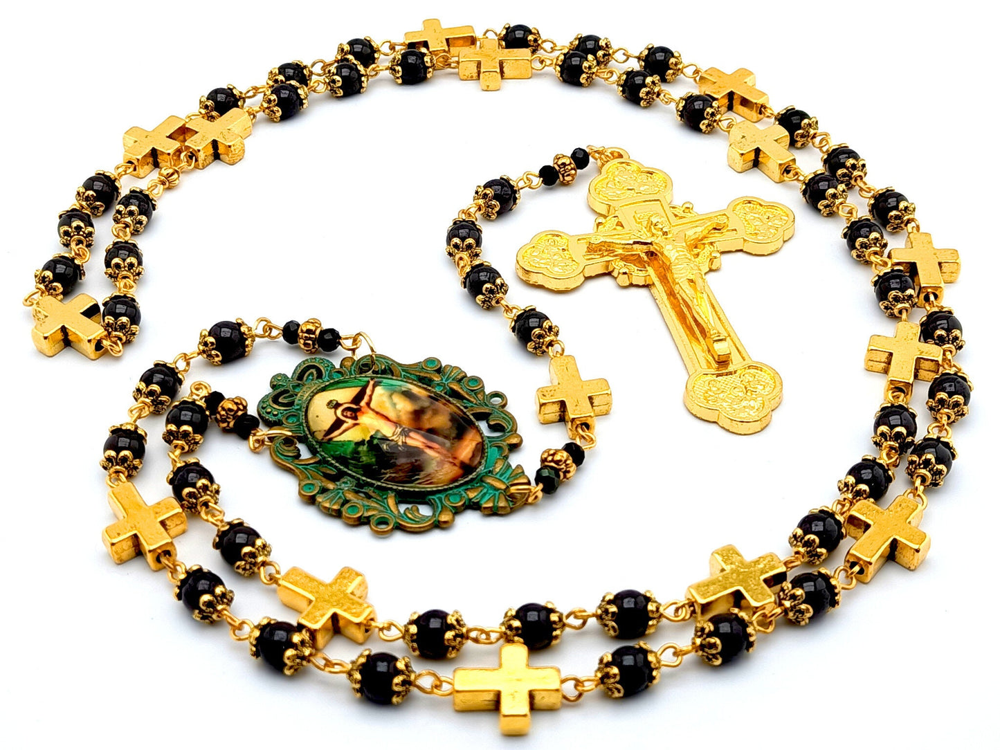 Stations of the Cross unique rosary beads prayer chaplet with garnet and gold cross gemstone beads, golden crucifix and verdi gris picture centre medal.