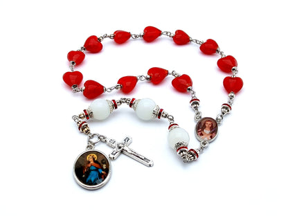 Saint Philomena unique rosary beads prayer chaplet with red glass hearts and white glass beads, silver crucifix and picture medals.