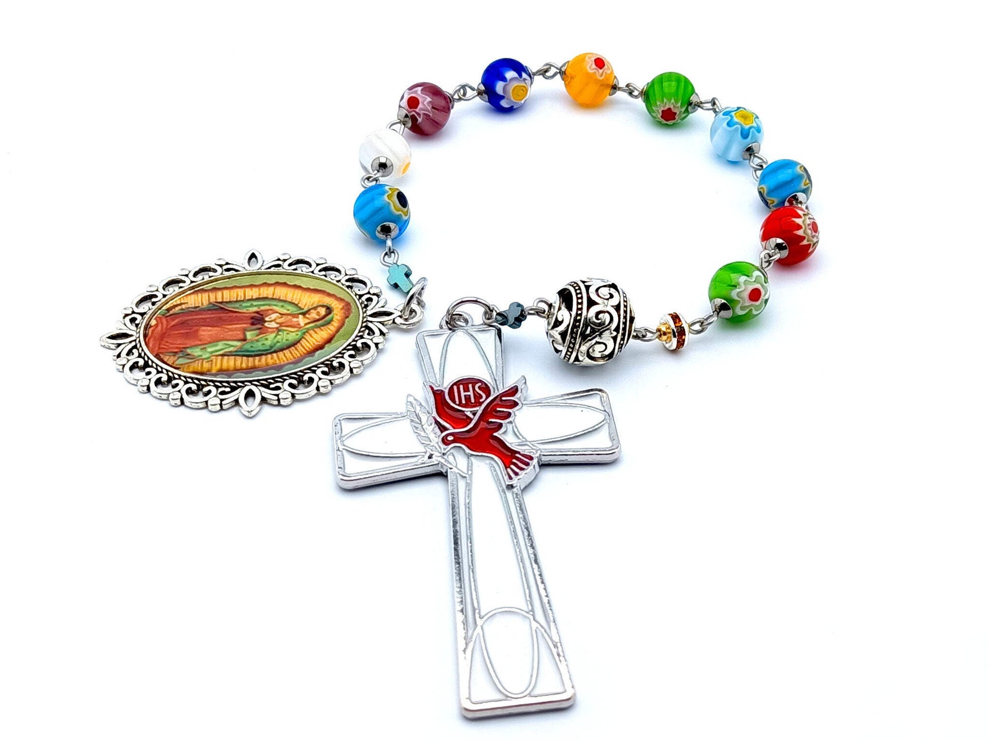 Our Lady of Guadalupe unique rosary beads single decade rosary with multicoloured millefleur glass and silevr beads, white Holy Spirit crucifix and silver poicture medal.