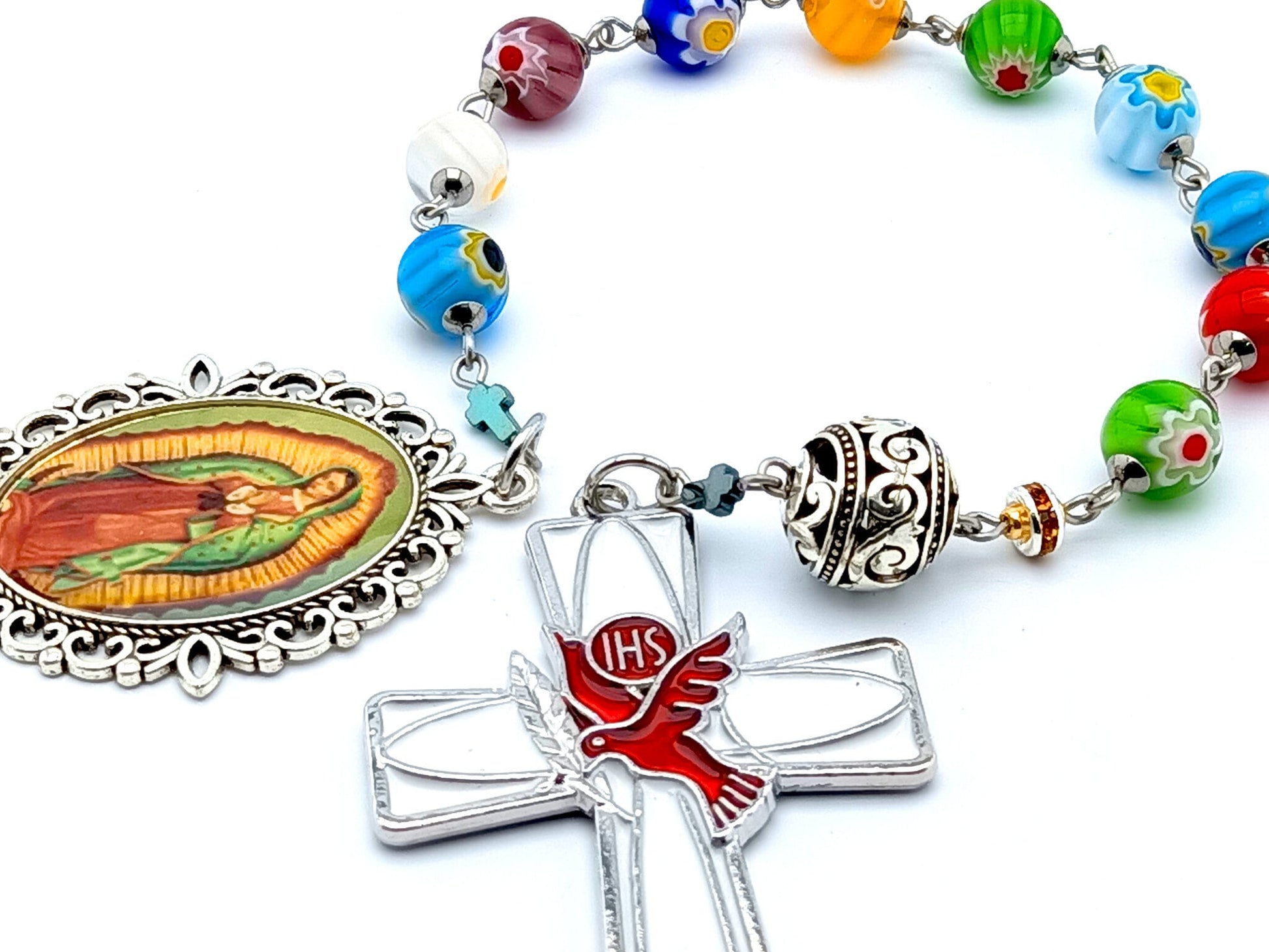 Our Lady of Guadalupe unique rosary beads single decade rosary with multicoloured millefleur glass and silevr beads, white Holy Spirit crucifix and silver poicture medal.