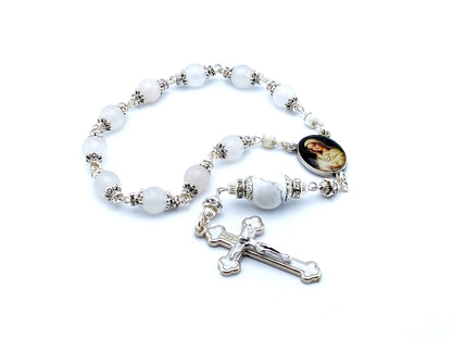 Our Lady and Holy Spirit unique rosary beads single decade rosary with opal and white gemstone beads, silver and white enamel crucifix and picture centre medal.