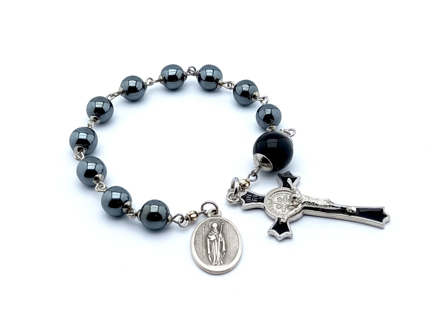 Saint Augustine unique rosary beads single decade rosary with hematite and onyx beads, black and silver enamel crucifix and end medal.