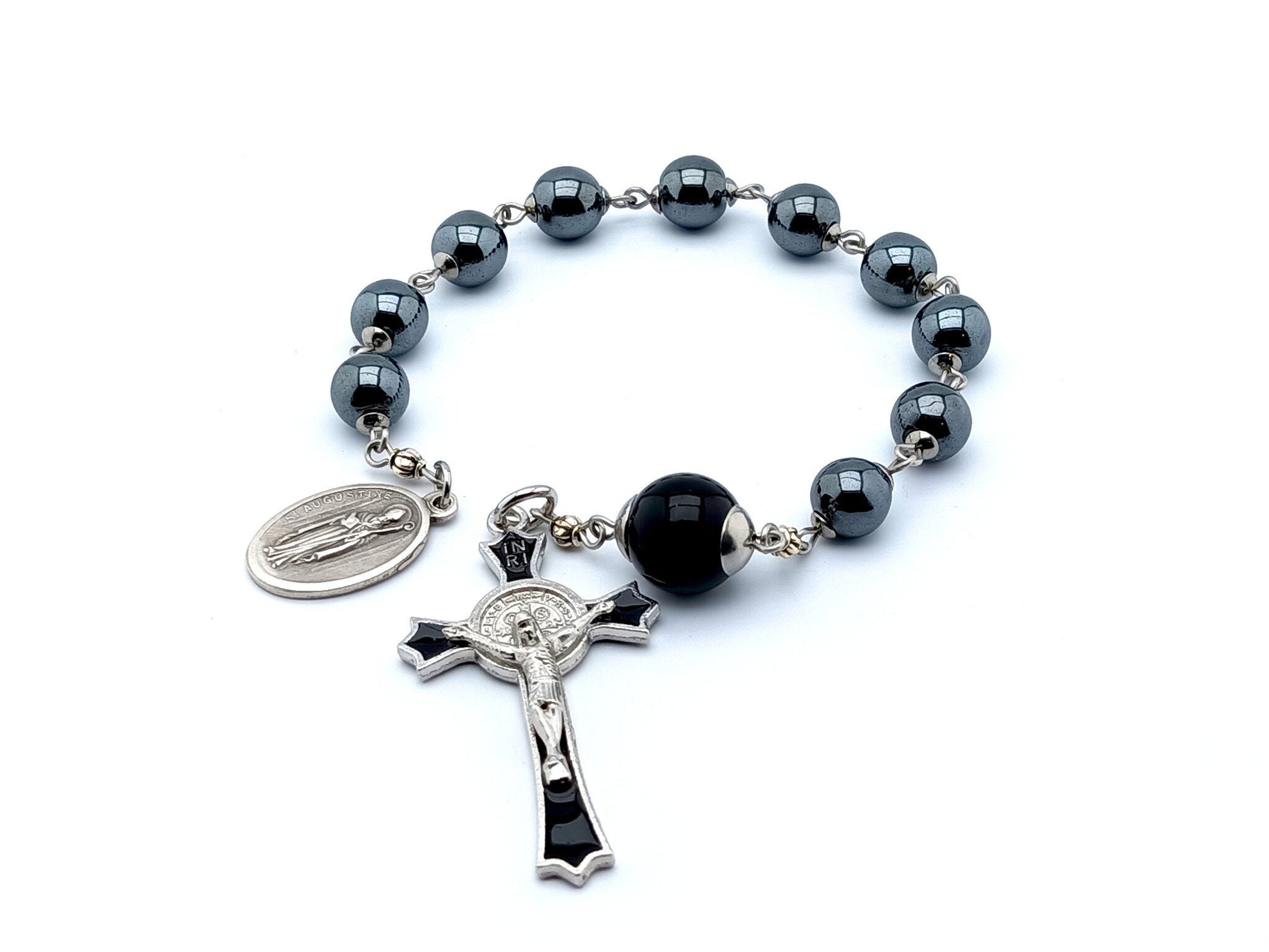 Saint Augustine unique rosary beads single decade rosary with hematite and onyx beads, black and silver enamel crucifix and end medal.