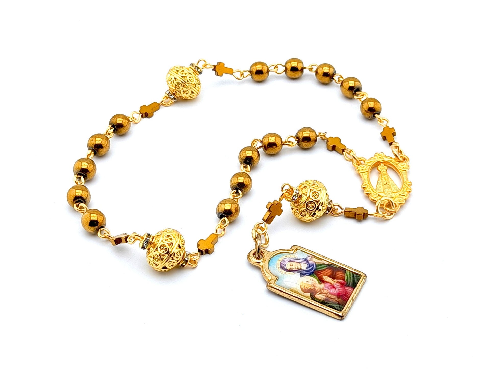 Saint Ann unique rosary beads prayer chaplet with golden hematite and filligree beads, golden centre medal and picture end medal.