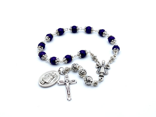 Infant of Prague unique rosary beads prayer chaplet with dark purple gemstone and silver beads, silver crucifix and centre medal.
