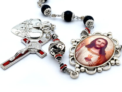 Sacred Heart of Jesus unique rosary beads single decade rosary with onyx gemstone and silver beads, silver and red enamel crucifix and Sacred Heart medals.