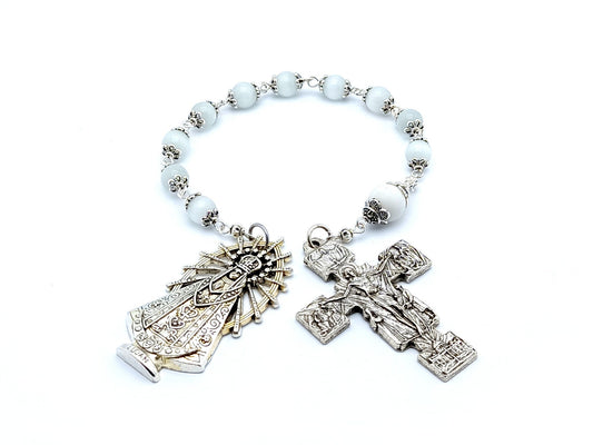 Our Lady of Charity unique rosary beads single decade rosary with opal and white gemstone beads, silver Holy Trinity crucifix and end medal.