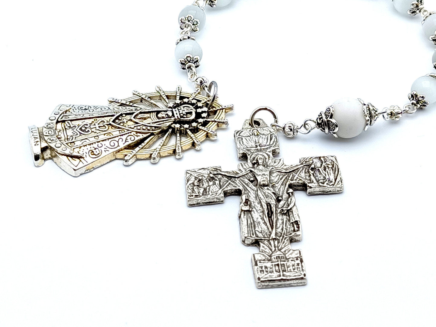 Our Lady of Charity unique rosary beads single decade rosary with opal and white gemstone beads, silver Holy Trinity crucifix and end medal.