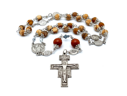 Saint Francis of Assisi unique rosary beads prayer chaplet with natural gemstone and stainless steel beads silver crucifix and centre medal.