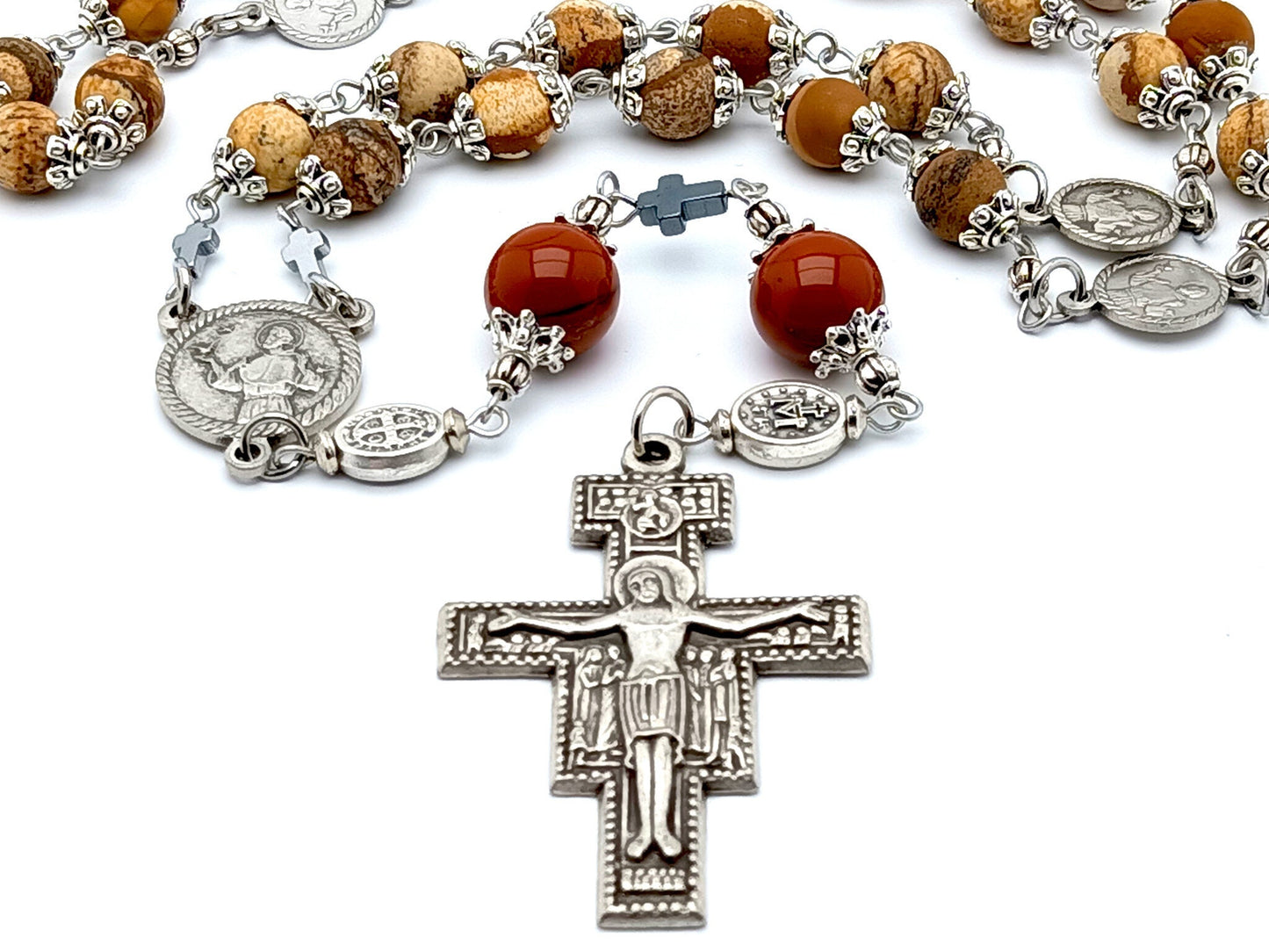 Saint Francis of Assisi unique rosary beads prayer chaplet with natural gemstone and stainless steel beads silver crucifix and centre medal.