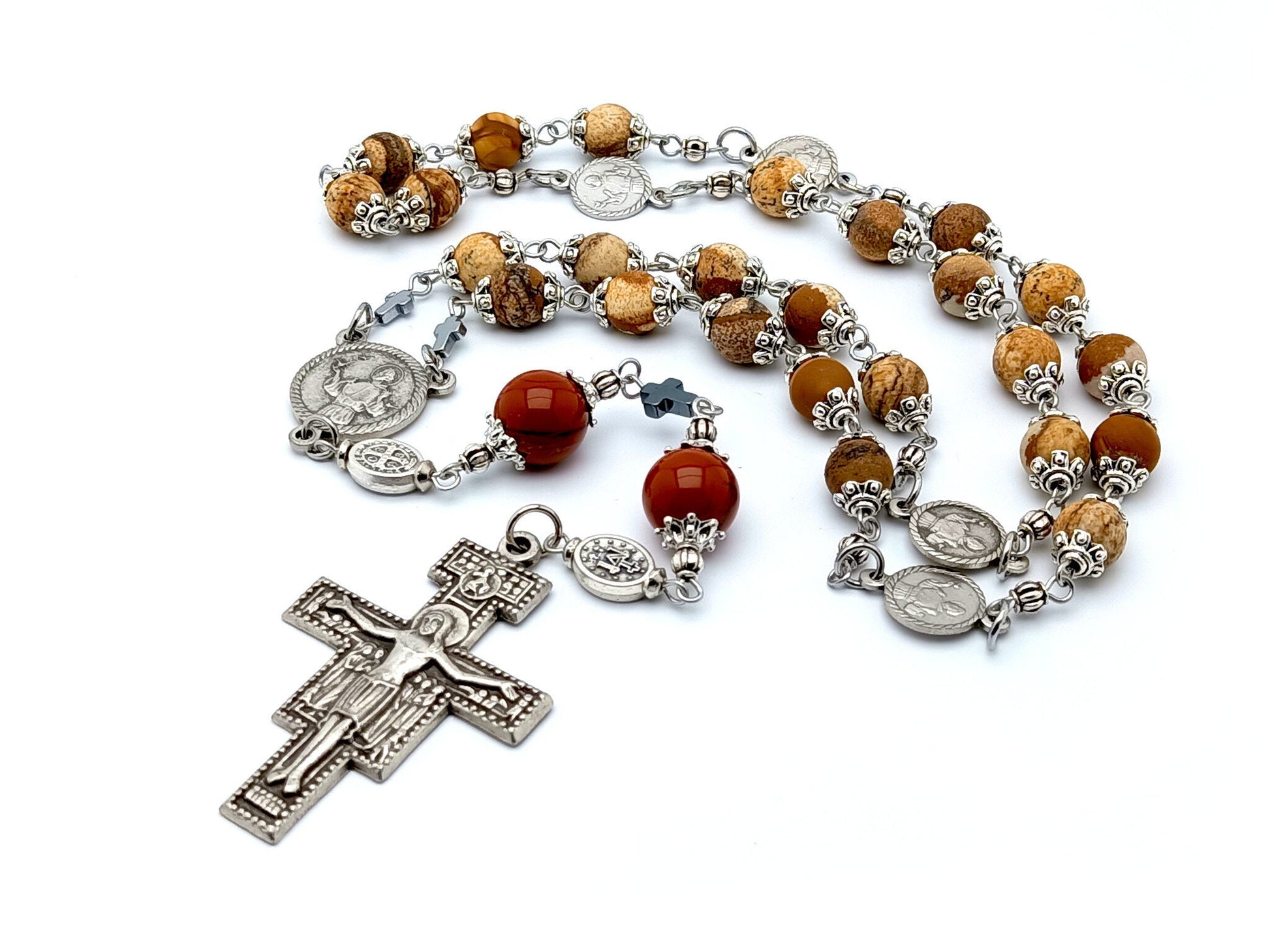 Saint Francis of Assisi unique rosary beads prayer chaplet with natural gemstone and stainless steel beads silver crucifix and centre medal.