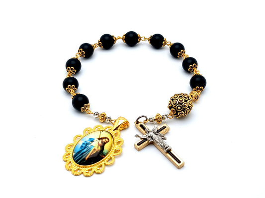 The Good Shepherd unique rosary beads single decade rosary with onyx gemstone and golden beads, golden and black enamel Ressurection crucifix and picture medal.