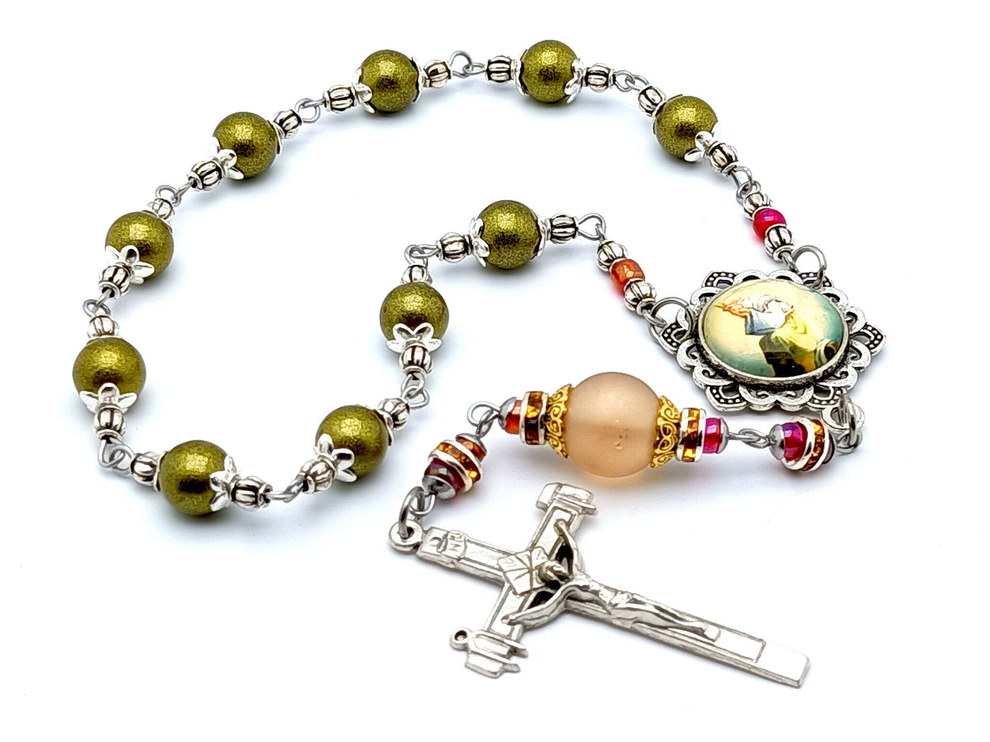 Our Lady of La Salette unique rosary beads single decade rosary with green and peach glass beads, silver La Salette crucifix and picture centre medal.