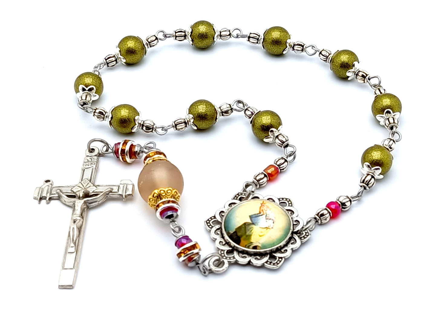 Our Lady of La Salette unique rosary beads single decade rosary with green and peach glass beads, silver La Salette crucifix and picture centre medal.