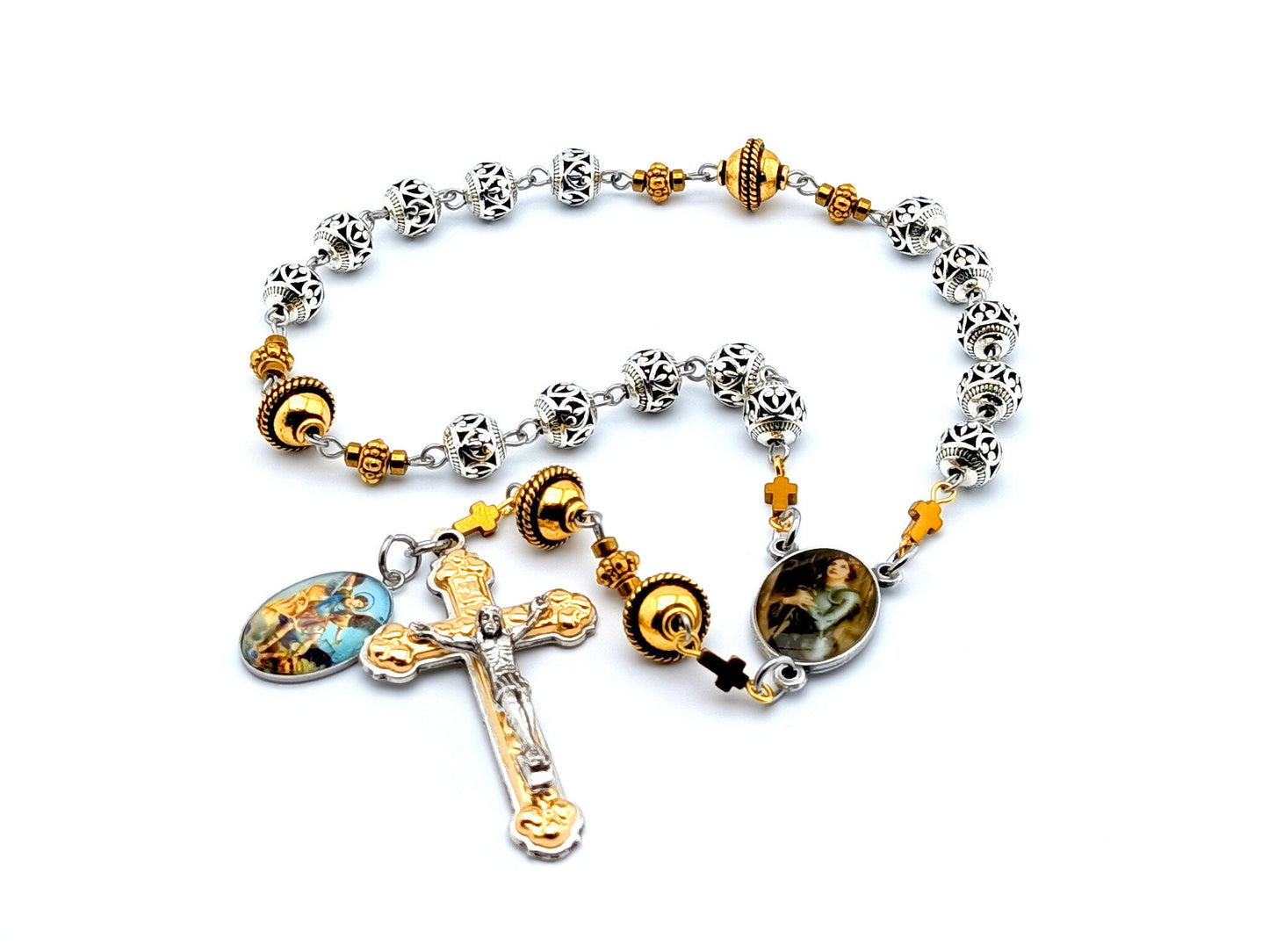 Saint Joan of Arc unique rosary beads prayer chaplet with silver and golden beads, suilver and gold crucifixand picture medals.