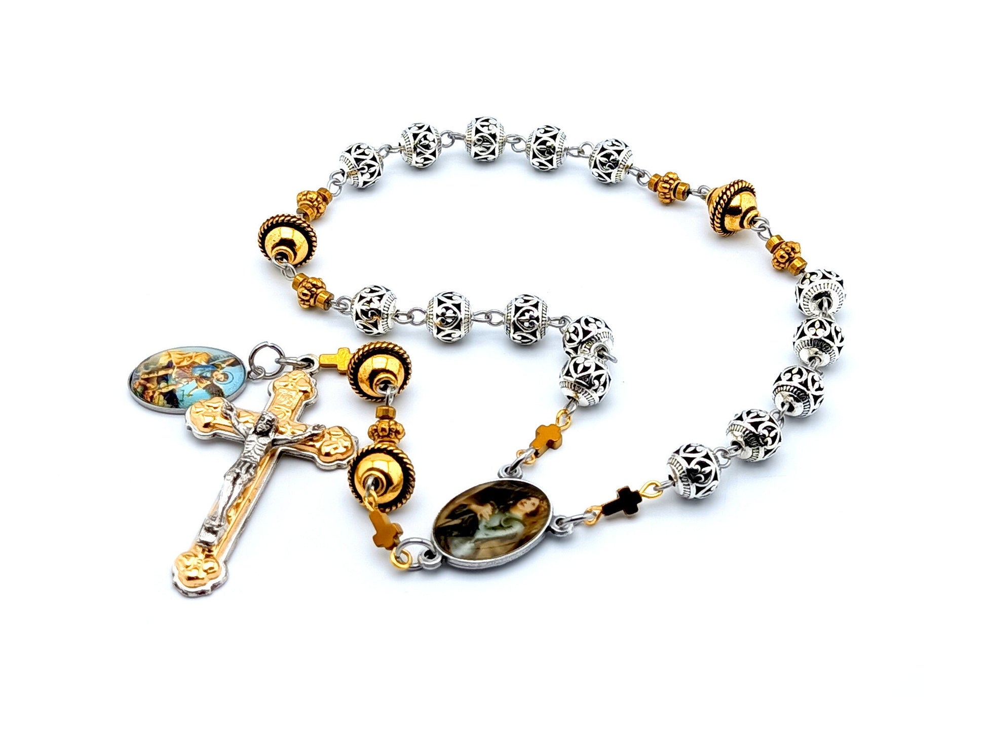 Saint Joan of Arc unique rosary beads prayer chaplet with silver and golden beads, suilver and gold crucifixand picture medals.