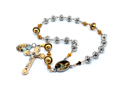 Saint Joan of Arc unique rosary beads prayer chaplet with silver and golden beads, suilver and gold crucifixand picture medals.