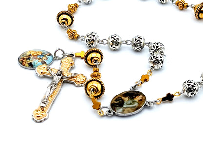 Saint Joan of Arc unique rosary beads prayer chaplet with silver and golden beads, suilver and gold crucifixand picture medals.