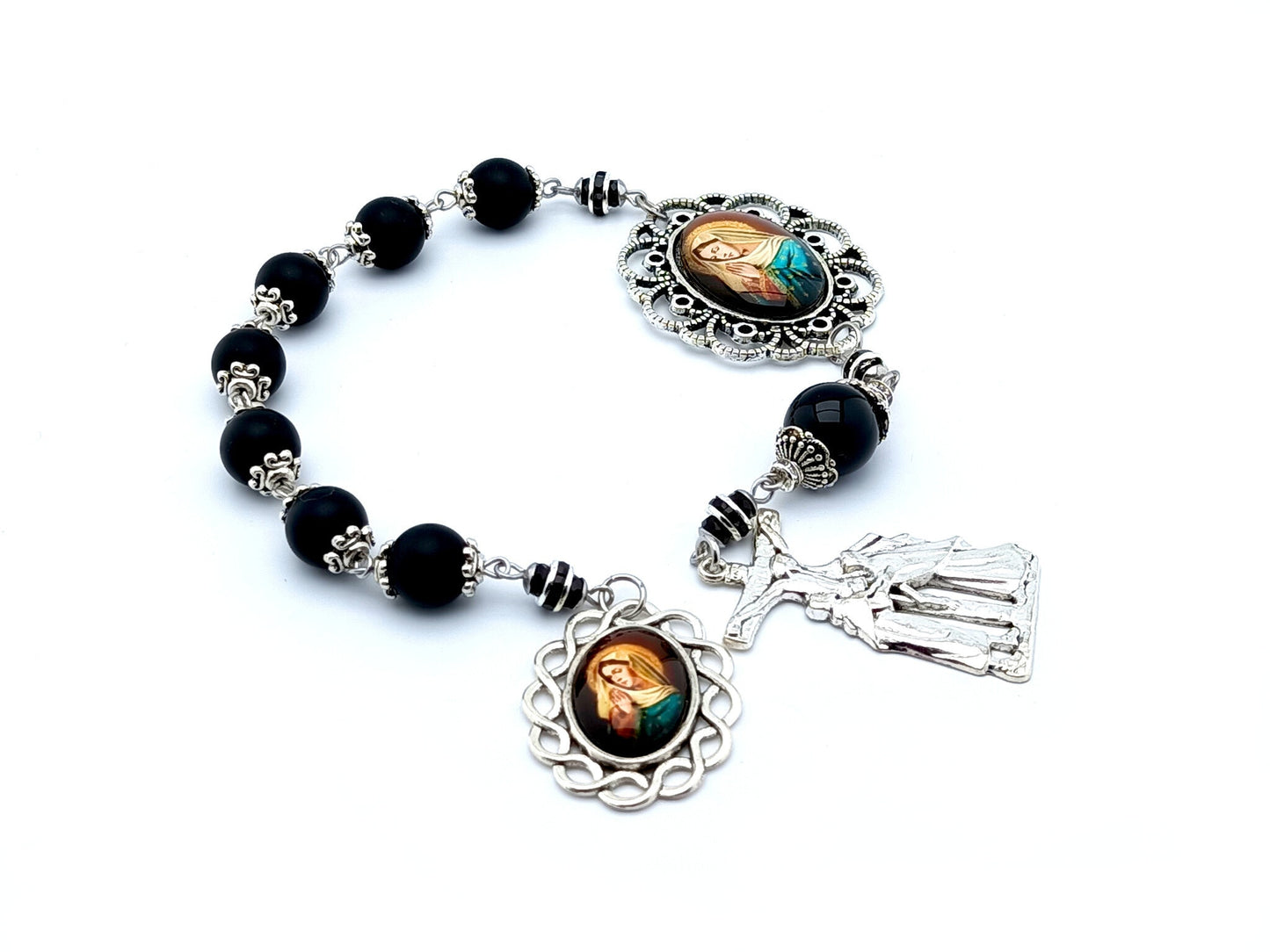 Our Lady of Sorrows unique rosary beads dolor servite rosary with black onyx gemstone beads, two Marys crucifix and picture centre and end medals.