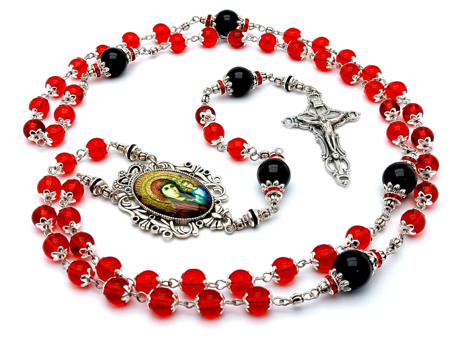 Our Lady of Perpetual Help unique rosary beads with red glass and onyx gemstone beads, silver filigree crucifix and picture centre medal.