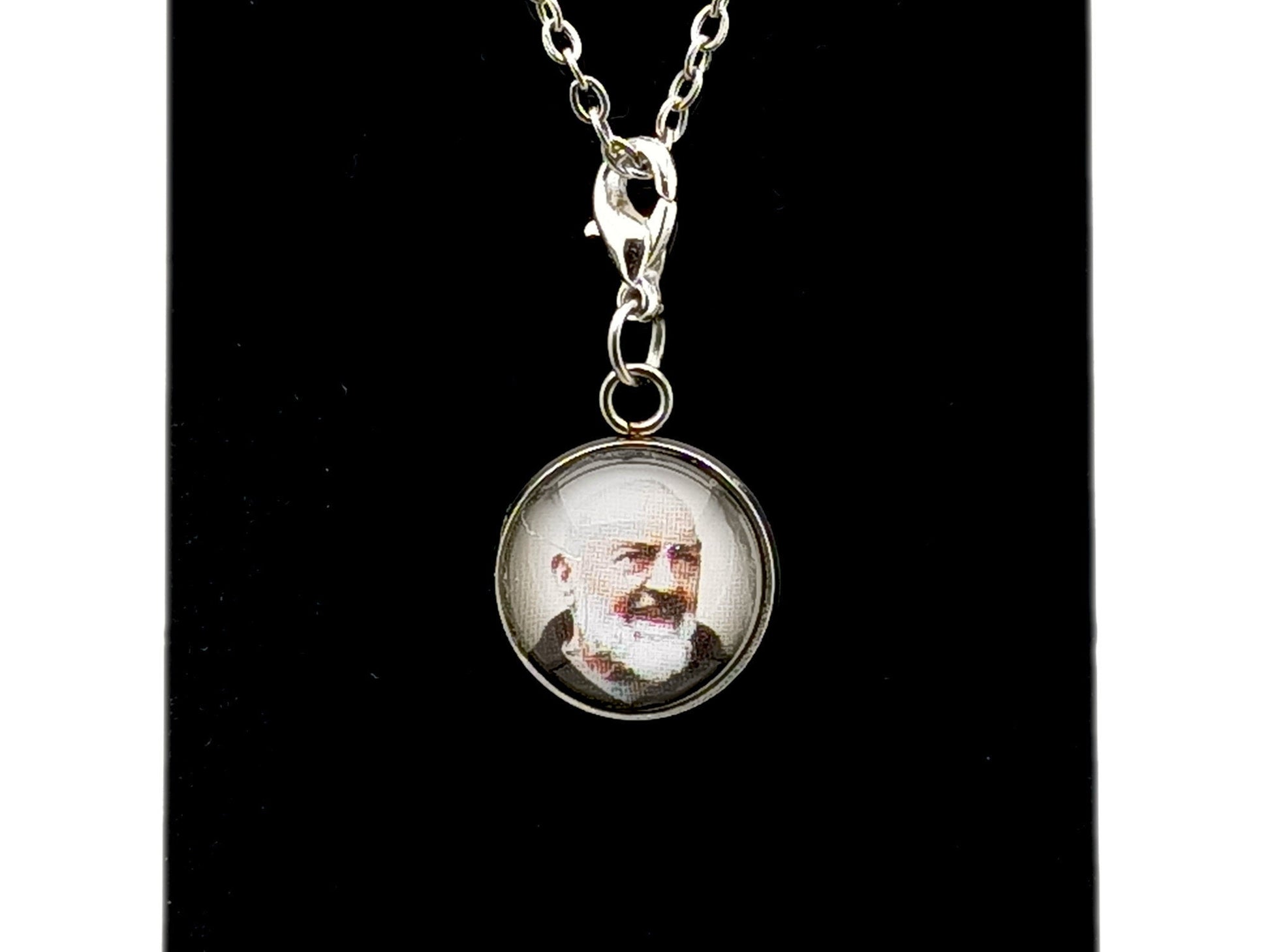 Saint Padre Pio unique rosary beads stainless steel picture medal with lobster clasp.