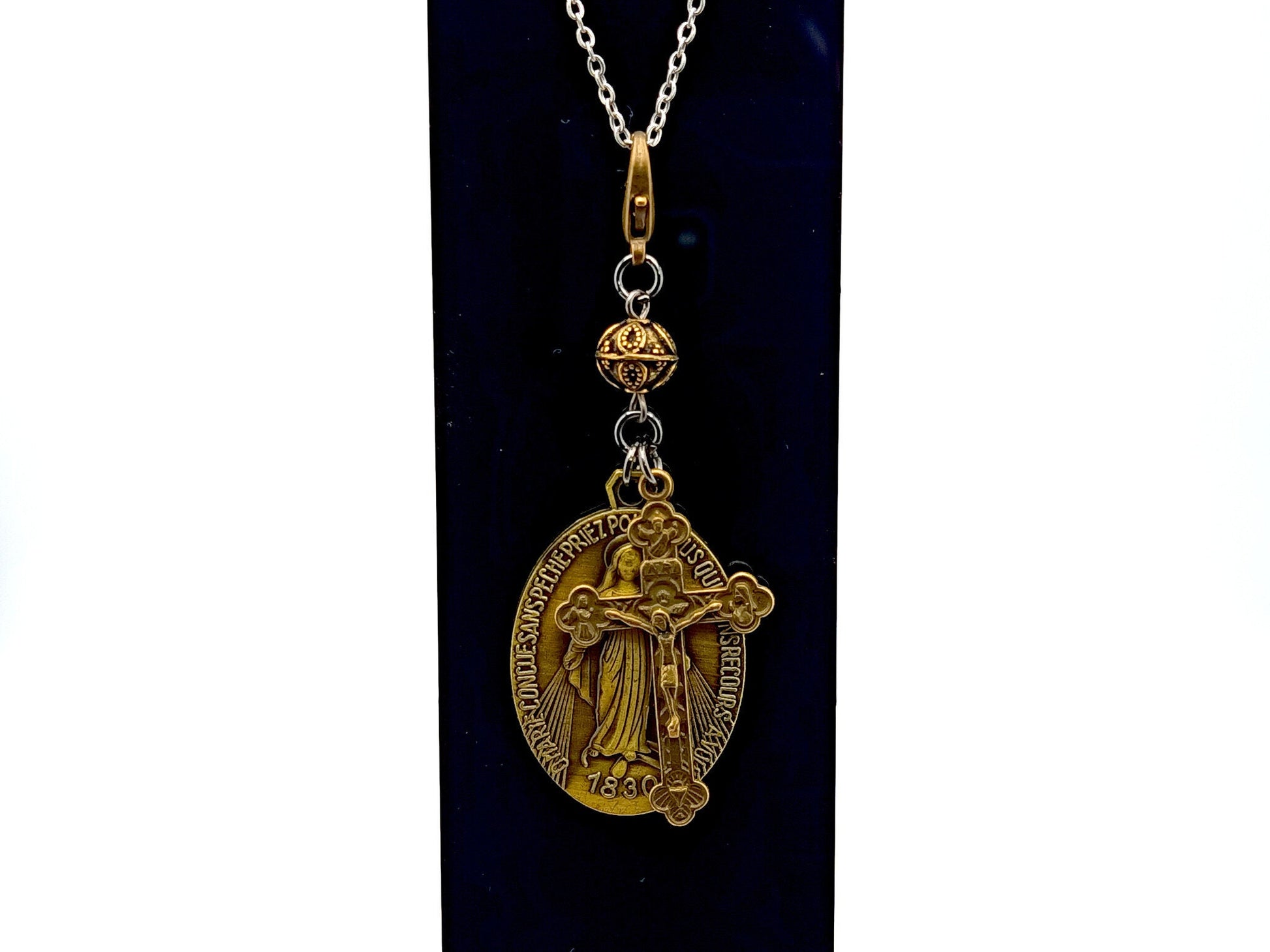 Miraculous medal unique rosary beads brass key fob purse clip medal with lobster clasp and Holy Trinity crucifix.