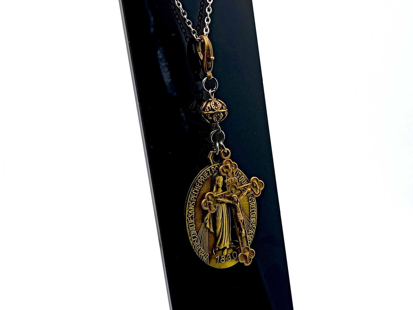 Miraculous medal unique rosary beads brass key fob purse clip medal with lobster clasp and Holy Trinity crucifix.
