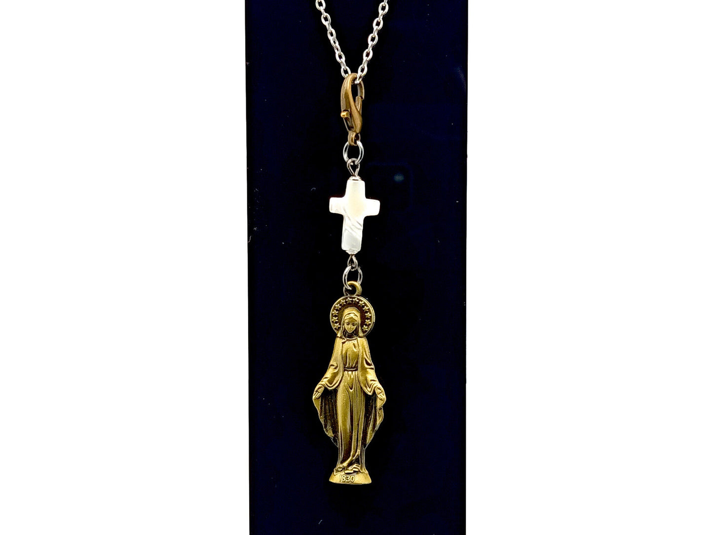 Our Lady of Grace unique rosary beads key fob purse clip with mother of pearl cross and lobster clasp.